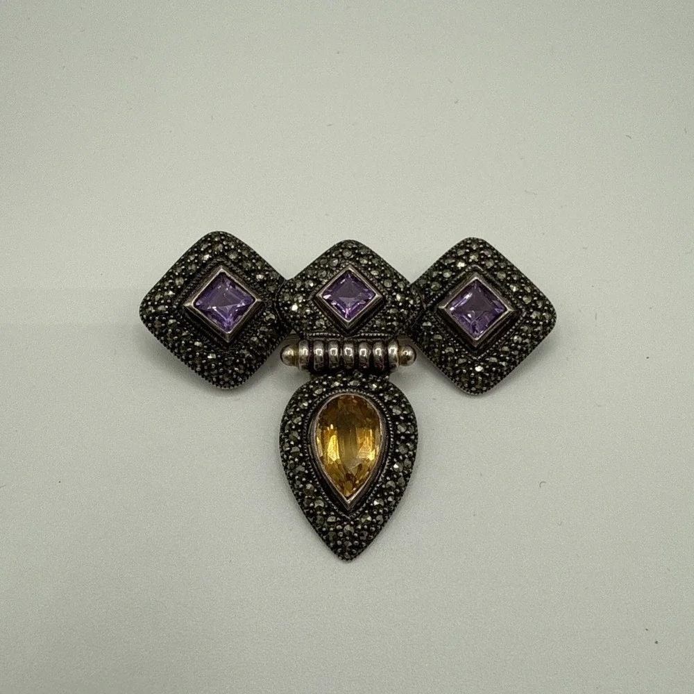 JUDITH JACK 925 Sterling Silver Vintage Amethyst Citrine Marcasite Gem Pendant